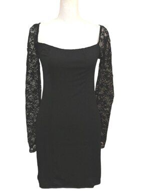 Forever 21 Black Stretchy Bodycon Mini Dress with Lace Sleeves Size Small NWT